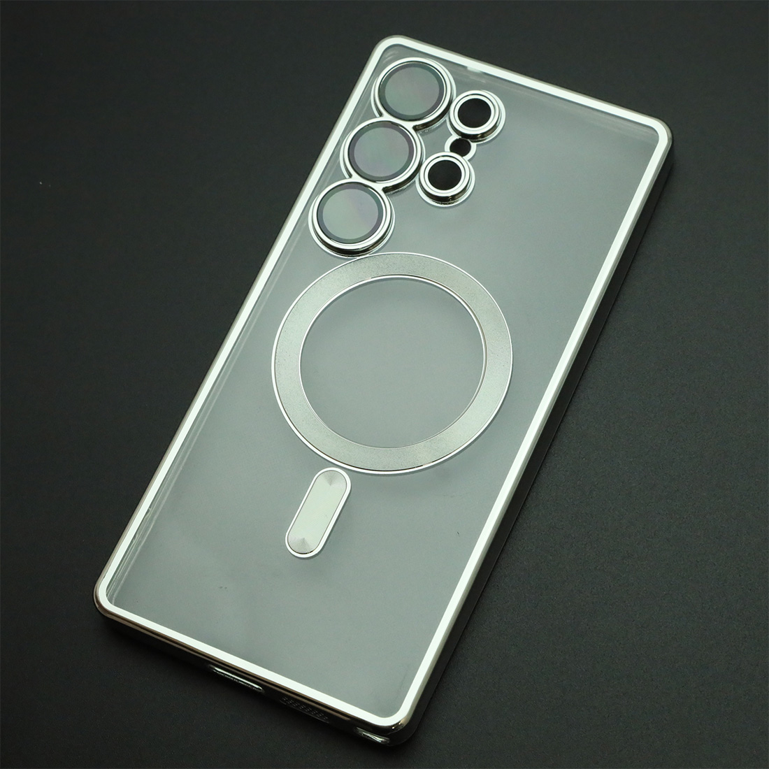 Чехол накладка FASHION CASE для SAMSUNG Galaxy S25 Ultra, с поддержкой MagSafe, силикон, защита камеры, прозрачный, цвет окантовки серебристый