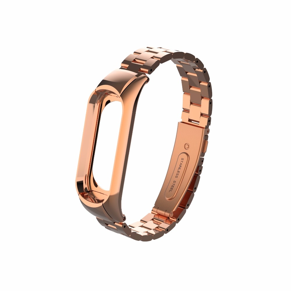 Блочный браслет для фитнес трекера Mi 3 Band металлический, цвет розовое золото.