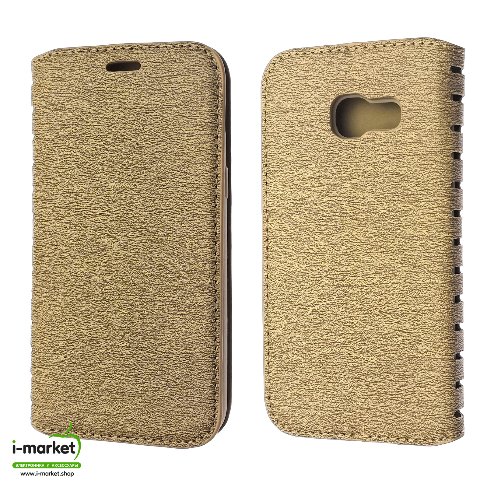 Чехол книжка для SAMSUNG Galaxy A3 2017 (SM-A320), экокожа, визитница, цвет золотистый.