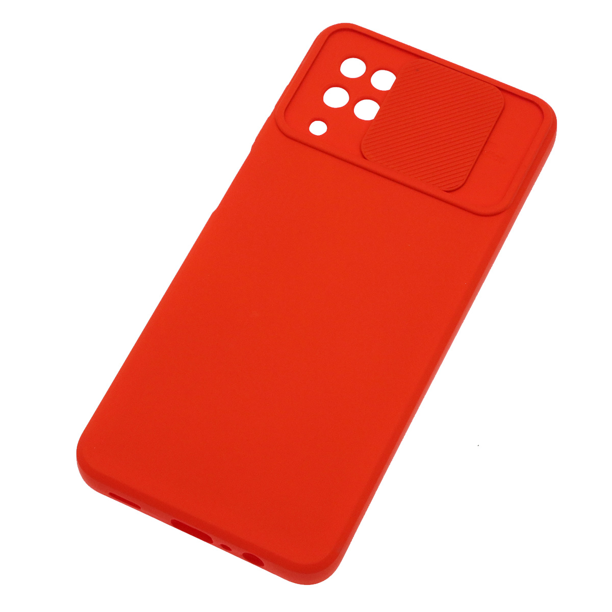 Чехол накладка для SAMSUNG Galaxy A12, M12, силикон, бархат, со шторкой для защиты задней камеры, цвет красный