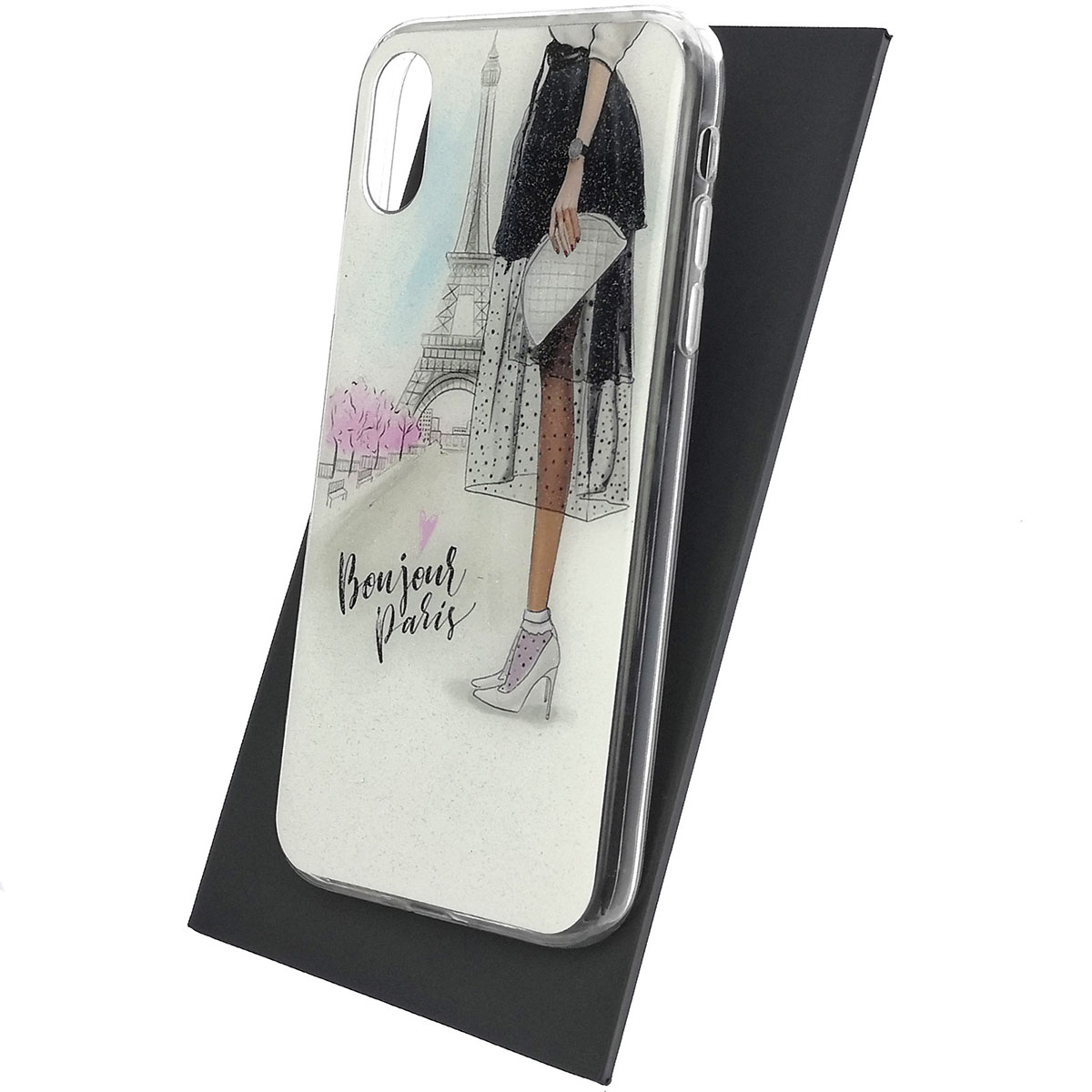 Чехол накладка для APPLE iPhone XR, силикон, блестки, глянцевый, рисунок Bonjour Paris