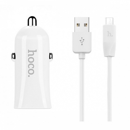 HOCO Z12 Elite АЗУ (автомобильное зарядное устройство) с двумя USB портами 2.4A Dual + кабель micro USB, цвет белый
