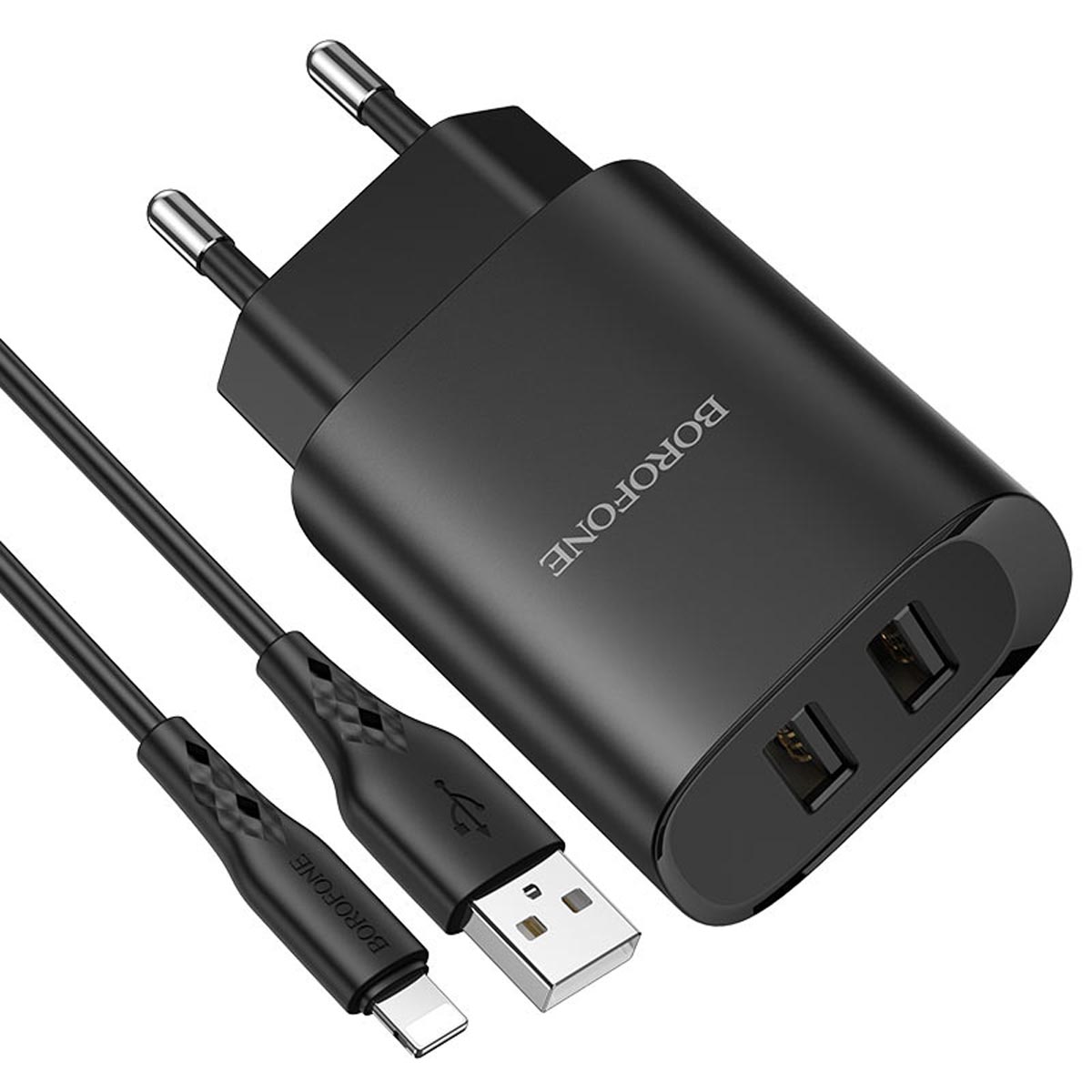 СЗУ (Сетевое зарядное устройство) BOROFONE BN2 Super fast с кабелем APPLE Lightning 8 pin, 2.1А, длина 1 метр, цвет черный | ВСЁ ПО 300