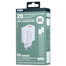 СЗУ (Сетевое зарядное устройство) REMAX RP-U120 20W, 1 USB, 1 USB-C (Type C), с кабелем 30W Type-C на Type-C, цвет белый СЗУ (Сетевое зарядное устройство) REMAX RP-U120 20W, 1 USB, 1 USB-C (Type C), с кабелем 30W Type-C на Type-C, цвет белый