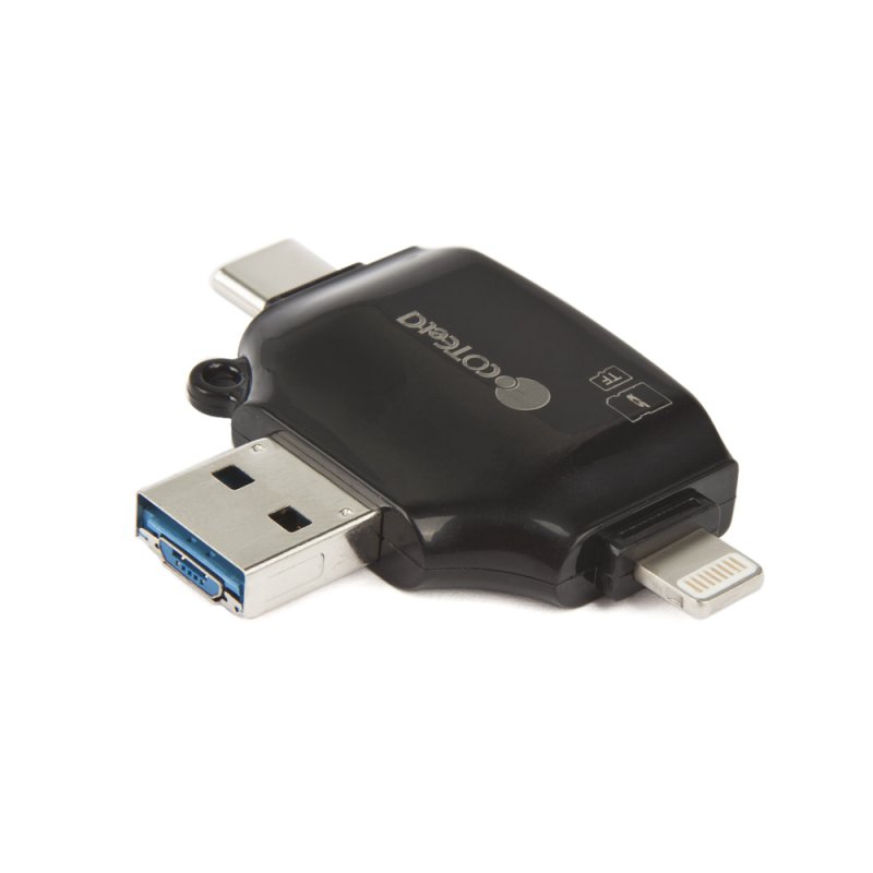 Универсальный картридер COTEetCI 4 в 1 OTG/USB/MicroUSB/для Apple 8 pin/USB Type-C (черный).