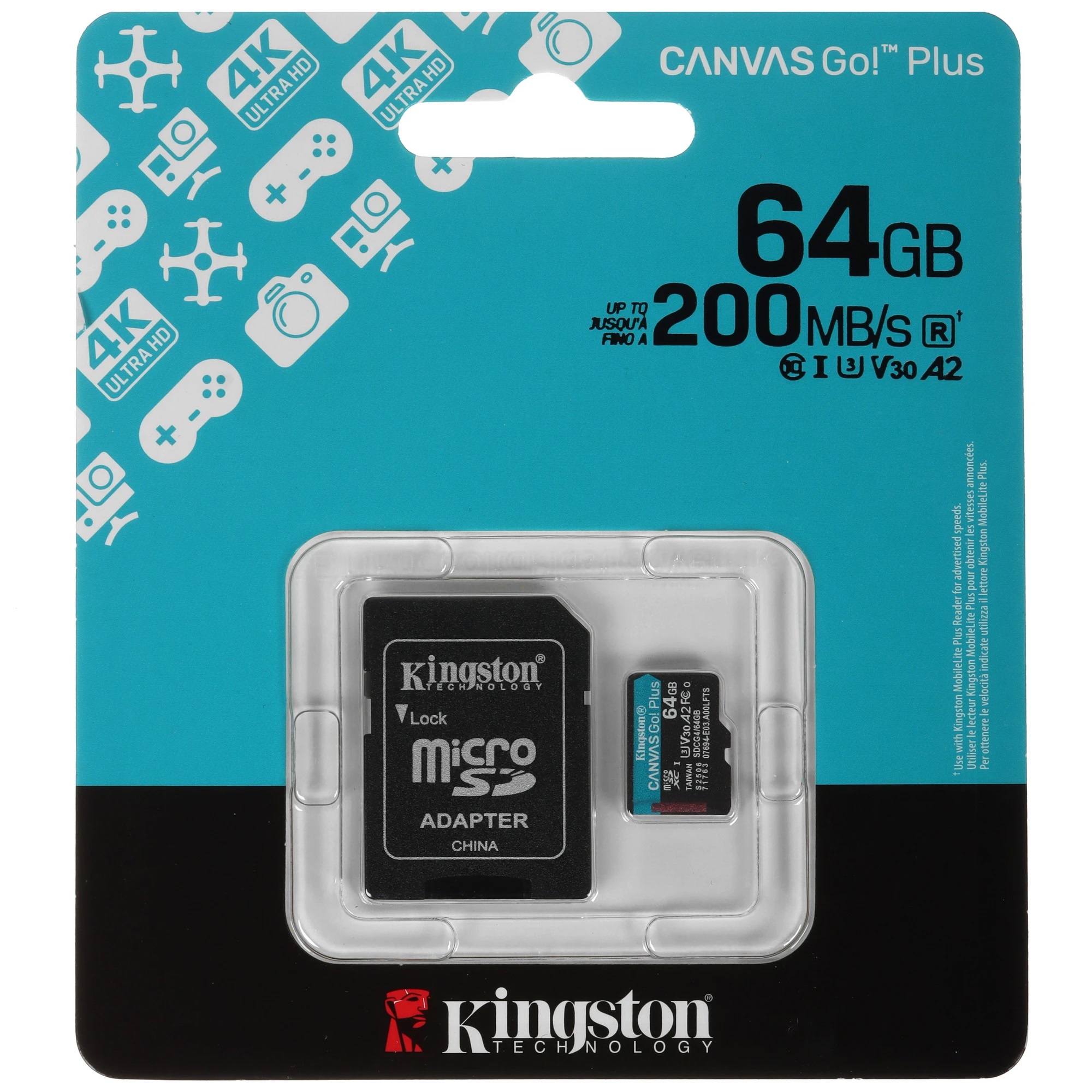 Карта памяти MicroSDXC 64GB KINGSTON CANVAS Go! Plus SDCG4/64GB 200Mb/s A2 U3 V30, с адаптером