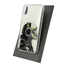 Чехол накладка для APPLE iPhone X, силикон, рисунок Череп с наушниками в профиль.