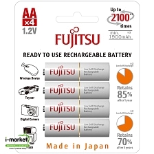 Аккумулятор профессиональный Fujitsu перезаряжаемый R6 AA NI-MH 2000mAh, в блистере 4 штуки, тип пальчиковый.