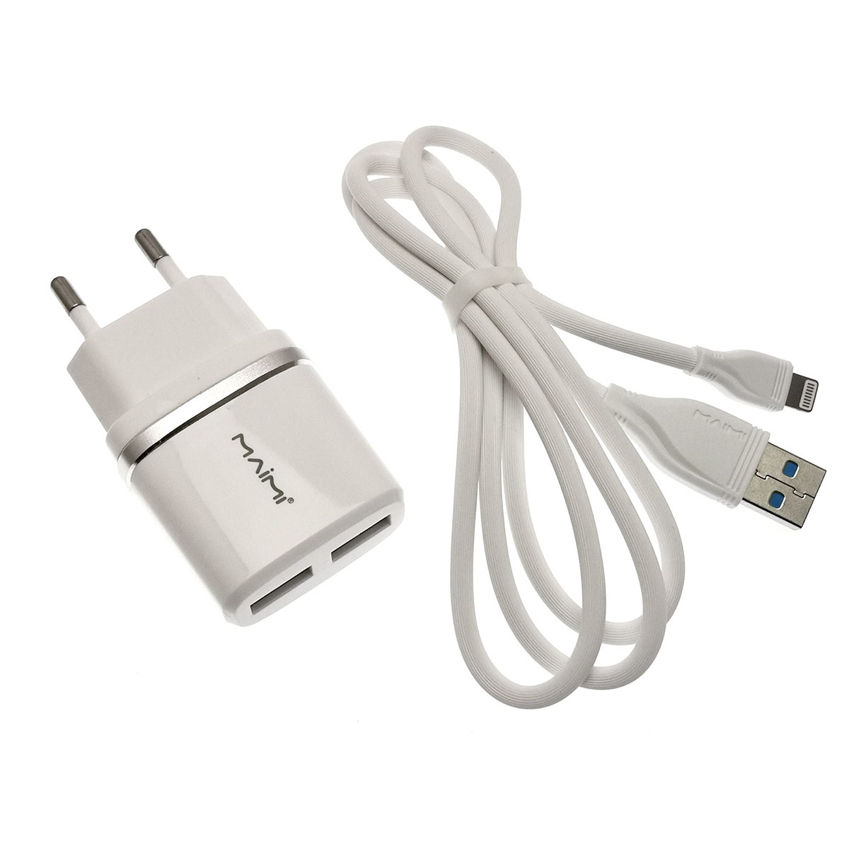 MAIMI T8 2 в 1 СЗУ (сетевое зарядное устройство) на 2 USB порт 5V-2.4A + кабель APPLE Lightning 8-pin iOS, цвет белый.