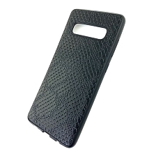 Чехол накладка для SAMSUNG Galaxy S10 Plus (SM-G975), силикон, под кожу питона, цвет черный.