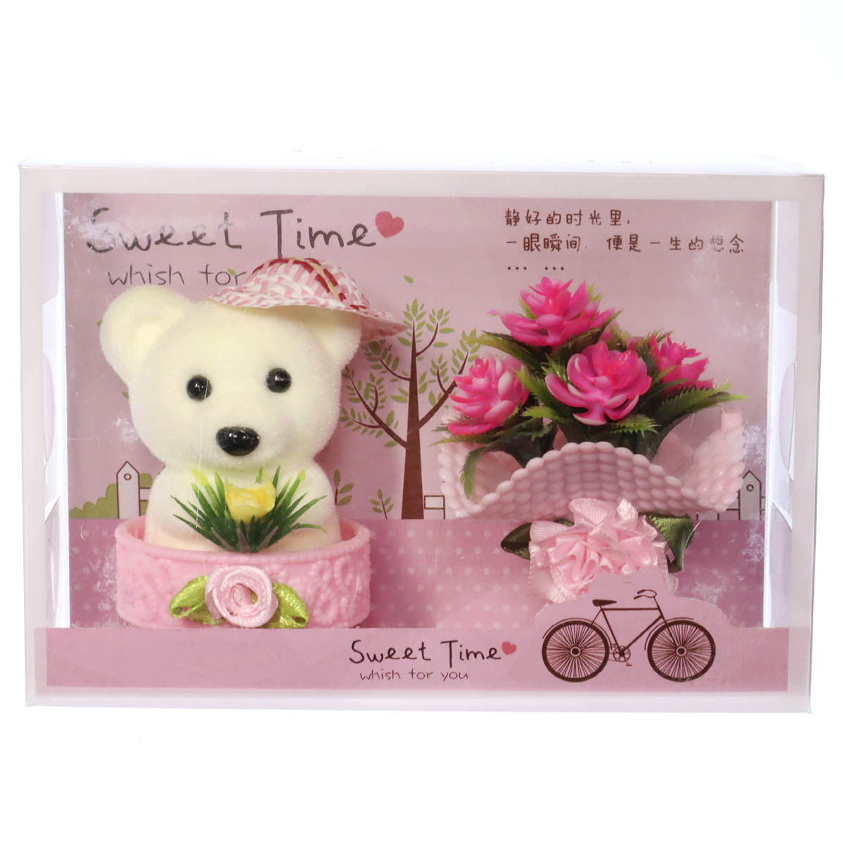 Медведь с искусственным букетом в вазе Sweet Time, цвет розовый