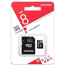 Карта памяти MicroSDHC 8GB SMARTBUY Class 10, SD адаптер, цвет черный