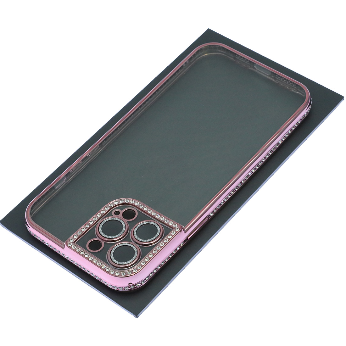 Чехол накладка для APPLE iPhone 13 Pro Max, силикон, защита камеры, стразы, цвет окантовки розовое золото