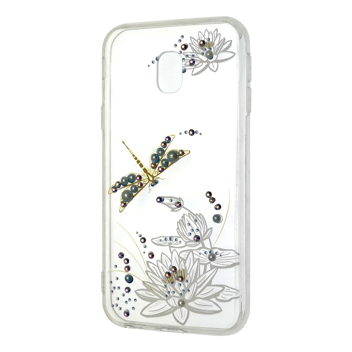 Чехол накладка для SAMSUNG Galaxy J3 2017 (SM-J330), силикон, стразы, рисунок цветы и стрекоза.