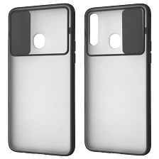 Чехол накладка для SAMSUNG Galaxy A20s (SM-A207), силикон, пластик, матовый, со шторкой для защиты задней камеры, цвет окантовки черный