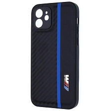 Чехол накладка для APPLE iPhone 12, силикон, карбон, экокожа, защита камеры, знак BMW M серии, цвет черный с синей полоской