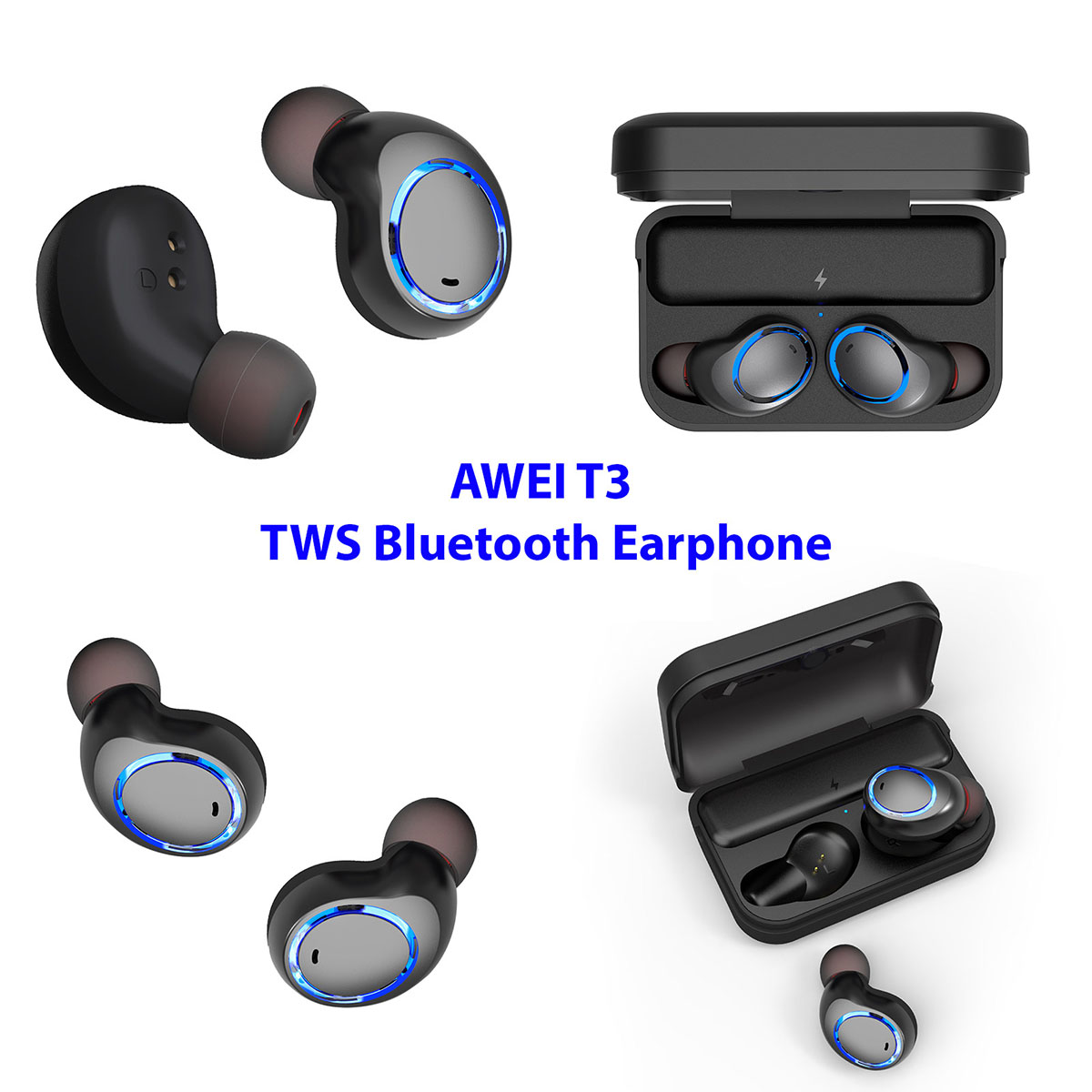 Гарнитура (наушники с микрофоном) беспроводная, AWEI T3 TWS Bluetooth Earphone цвет черный.
