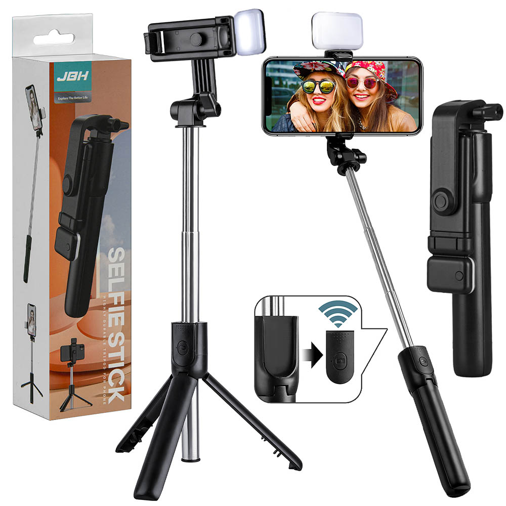Держатель телескопический, монопод, селфи палка JBH R1L Bluetooth, с пультом, подсветка, цвет черный