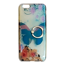 Чехол накладка для APPLE iPhone 6, 6S, силикон, кольцо держатель, рисунок Бабочка 2.
