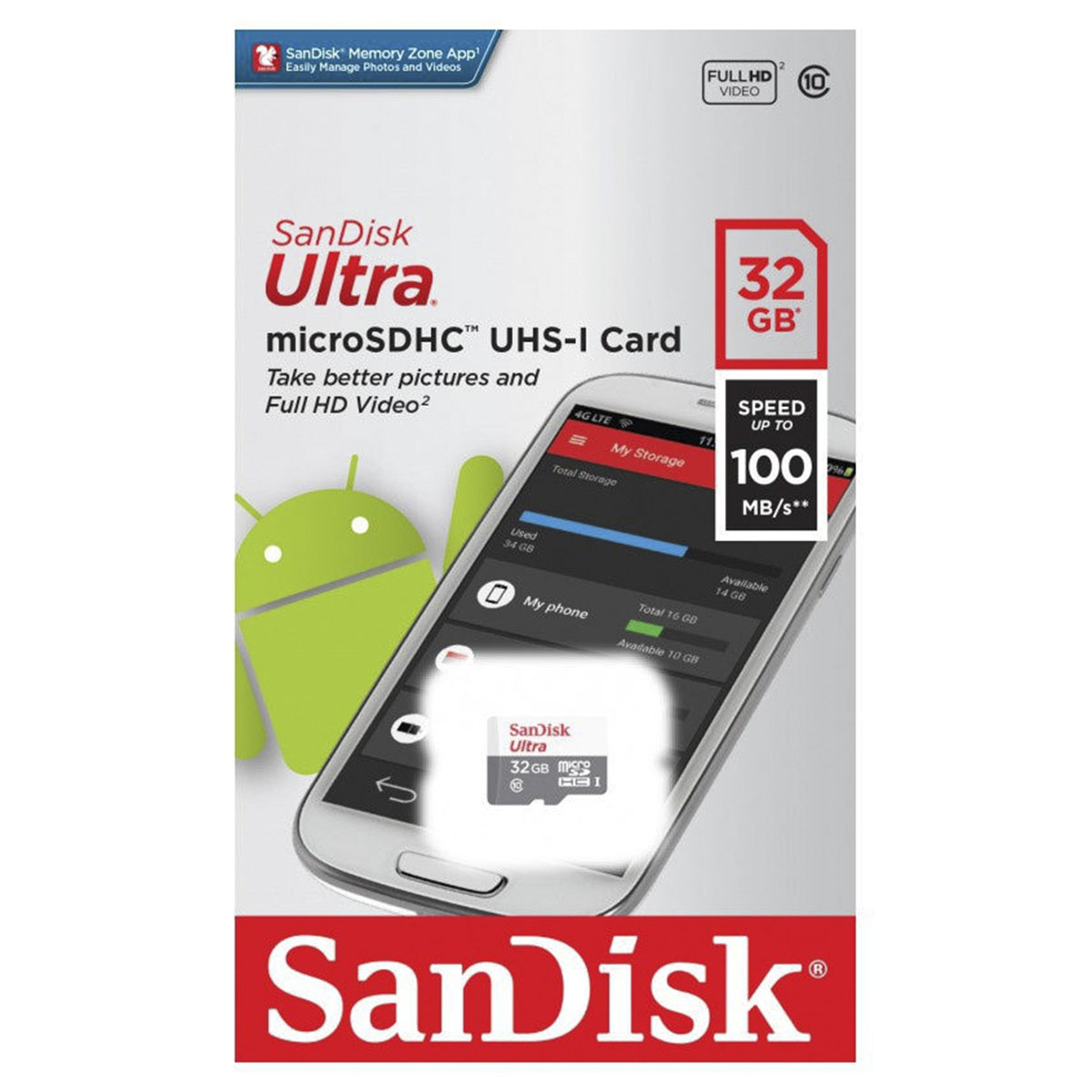 Карта памяти MicroSDHC 32GB SANDISK Class 10 ultra, 100 Мб/с, без адаптера