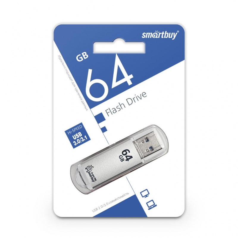 Флешка USB 3.0 64GB SMARTBUY V-Cut, серебристый