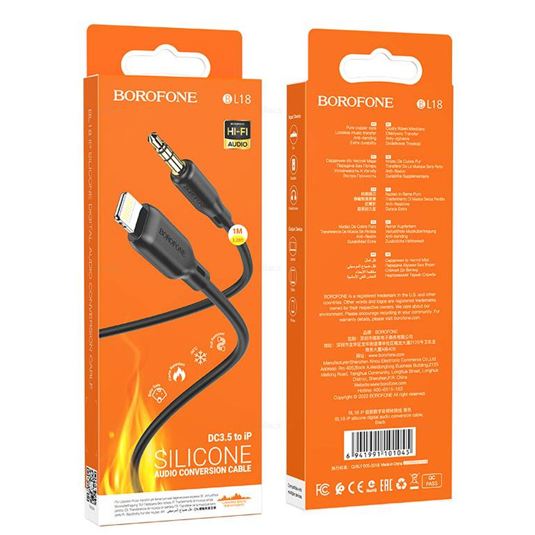 Аудио кабель, переходник BOROFONE BL18 Lightning 8 pin (папа) на AUX Jack 3.5 мм (папа), длина 1 метр, цвет черный
