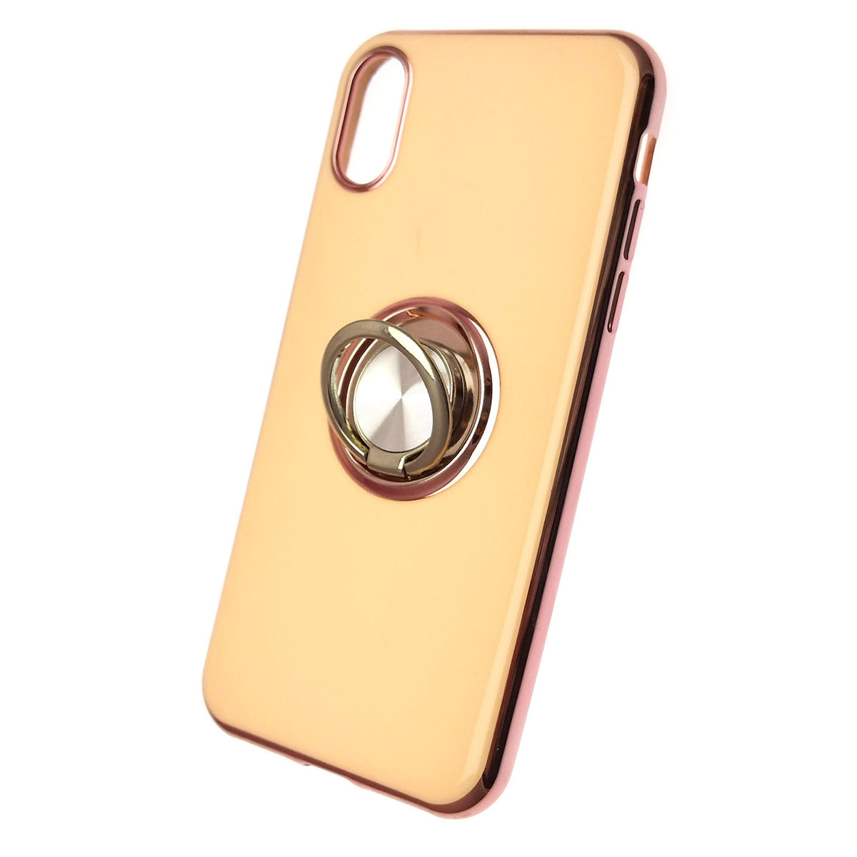 Чехол накладка для APPLE iPhone X, XS, силикон, глянец, с логотипом, кольцо держатель, цвет молочный.