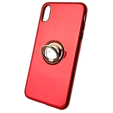 Чехол накладка для APPLE iPhone XS MAX, силикон, лого, кольцо держатель, цвет красный.