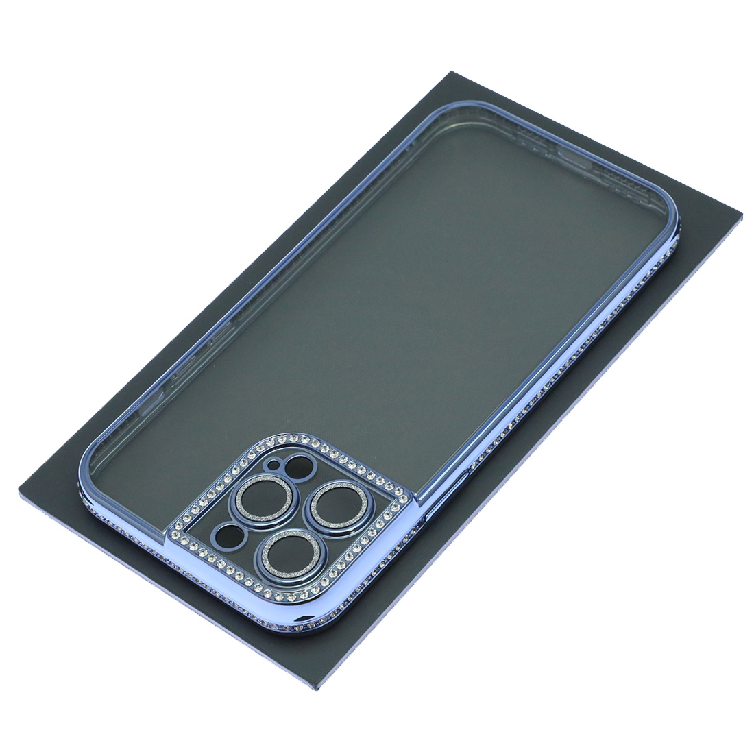 Чехол накладка для APPLE iPhone 13 Pro Max, силикон, защита камеры, стразы, цвет окантовки голубой