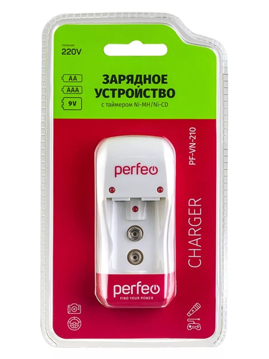 Зарядное устройство Perfeo CHARGER PF-VN-210 на 2 аккумулятора типа Ni-MH/CD типаразмеров AAA, AA и 1 слота крона 9V (6F22), работает от сети 220В, индикация заряда, таймер автоотключения, цвет белый