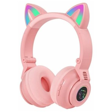 Гарнитура (наушники с микрофоном) беспроводная полноразмерная, BOROFONE BO18 CAT EAR, RGB подсветка, цвет розовый