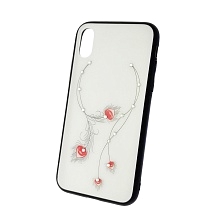 Чехол накладка для APPLE iPhone X, стекло, пластик, стразы, рисунок Хвост павлина 4 пера.