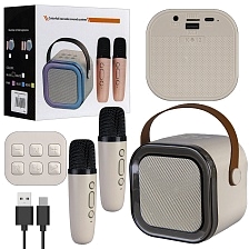 Колонка портативная, караоке микрофон K12, Bluetooth, TF card, USB, AUX, RGB подсветка, 2 микрофона, цвет бежевый