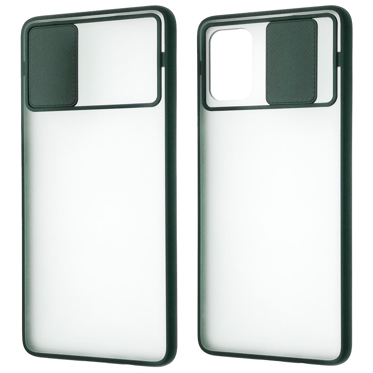 Чехол накладка для SAMSUNG Galaxy A71 (SM-A715), силикон, пластик, матовый, со шторкой для защиты задней камеры, цвет окантовки темно зеленый