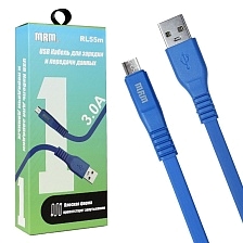 USB Дата кабель MRM RL55m Micro USB, силикон, плоский, длина 1 метр, 3.0 A, цвет синий