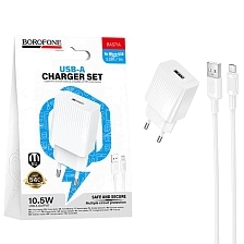 СЗУ (Сетевое зарядное устройство) BOROFONE BAS71A c кабелем USB на Micro USB, 10.5W, длина 1 метр, цвет белый СЗУ (Сетевое зарядное устройство) BOROFONE BAS71A c кабелем USB на Micro USB, 10.5W, длина 1 метр, цвет белый