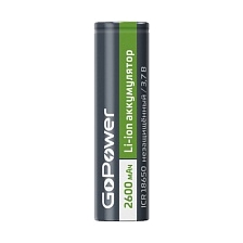 АКБ (Аккумуляторная батарея) GoPower ICR 18650, 3.7V, 2600mAh, без защиты, плоский контакт АКБ (Аккумуляторная батарея) GoPower ICR 18650, 3.7V, 2600mAh, без защиты, плоский контакт