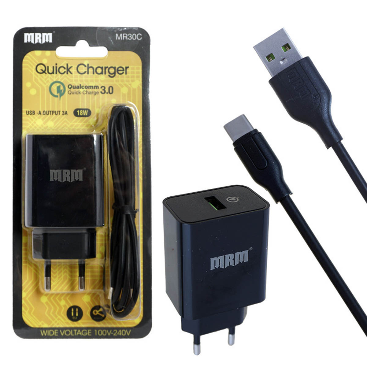 СЗУ (сетевое зарядное устройство) MRM MR30t комплект 2 в 1, 1 USB, QC3.0 с кабелем Type C, цвет черный