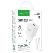 СЗУ (Сетевое зарядное устройство) с кабелем Type C на Type C HOCO C147A, 1 USB 18W, 1 USB Type C 20W, PD20W, QC3.0, длина кабеля 1 метр, цвет белый