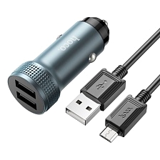 АЗУ (Автомобильное зарядное устройство) HOCO Z49 Level с кабелем Micro USB, 12W, 2 USB, длина 1 метр, цвет серебристый