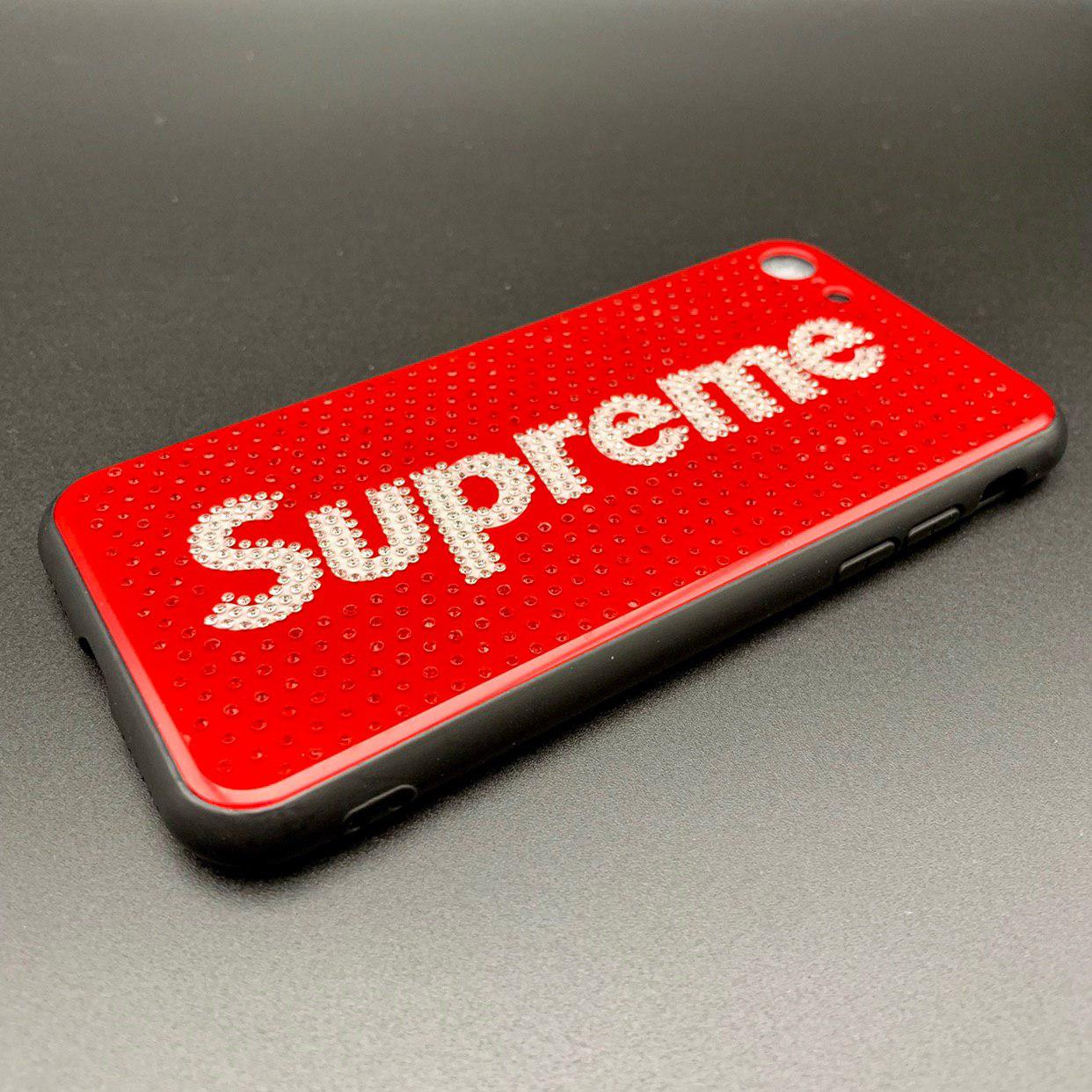 Чехол накладка для APPLE iPhone 7, 8, силикон, блестки, рисунок Supreme.