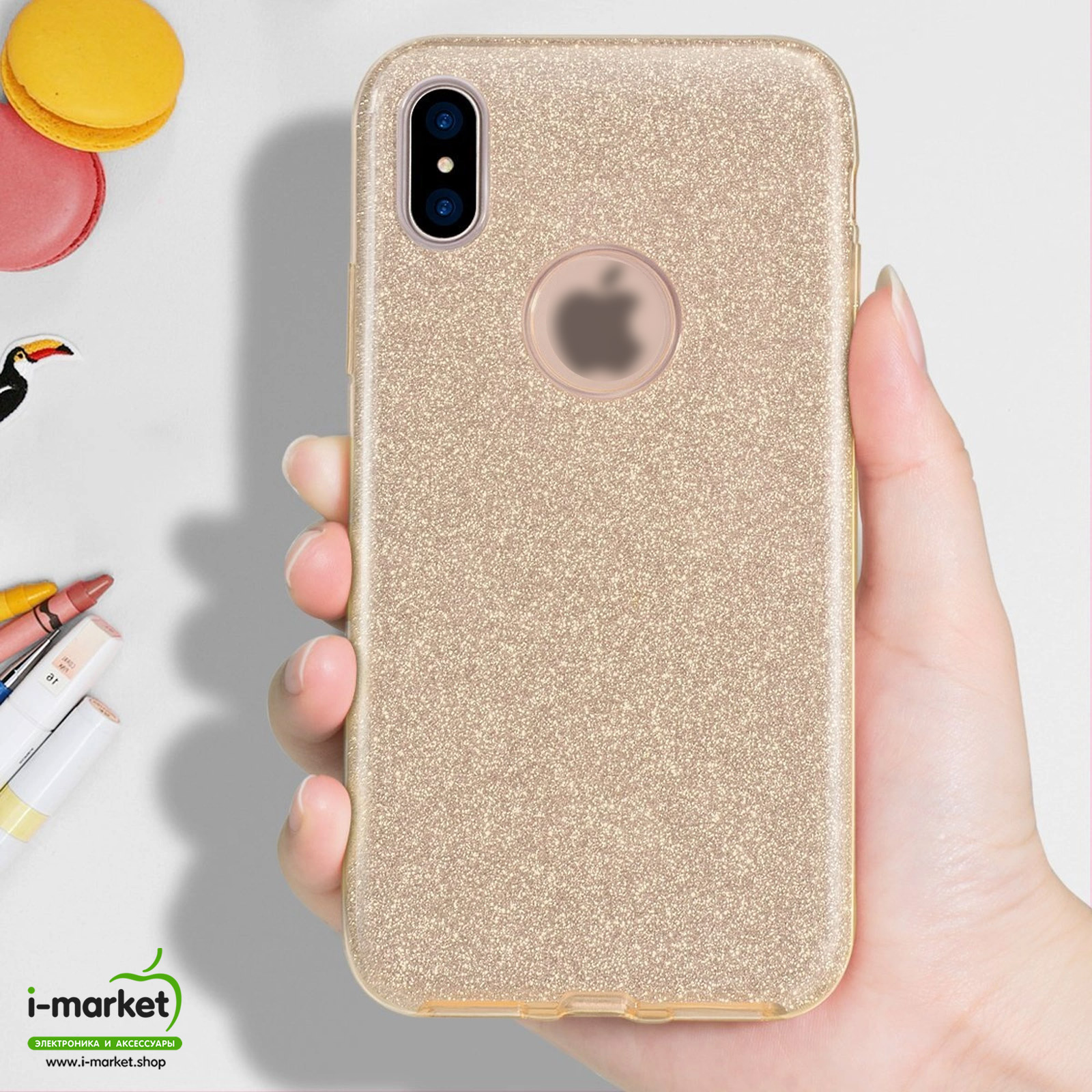 Чехол накладка Shine для APPLE iPhone X, iPhone XS, силикон, блестки, цвет золотистый