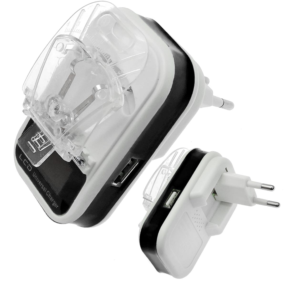 УСЗУ (универсальное сетевое зарядное устройство) LP-120 Лягушка с LCD дисплеем и USB выходом 5V-1.2A, классическая, цвет бело черный