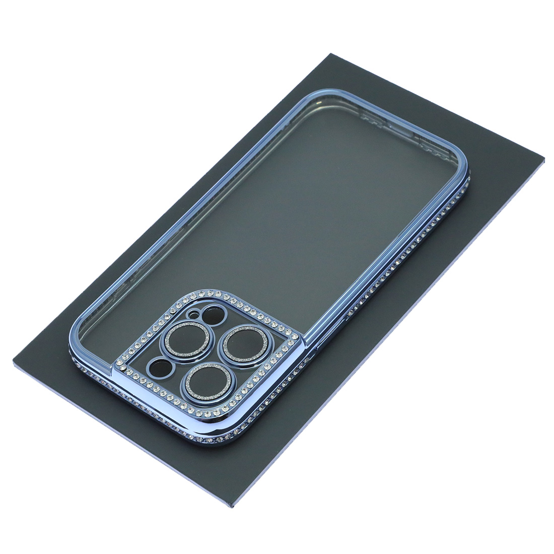 Чехол накладка для APPLE iPhone 14 Pro, силикон, стразы, защита камеры, цвет окантовки голубой Чехол накладка для APPLE iPhone 14 Pro, силикон, стразы, защита камеры, цвет окантовки голубой