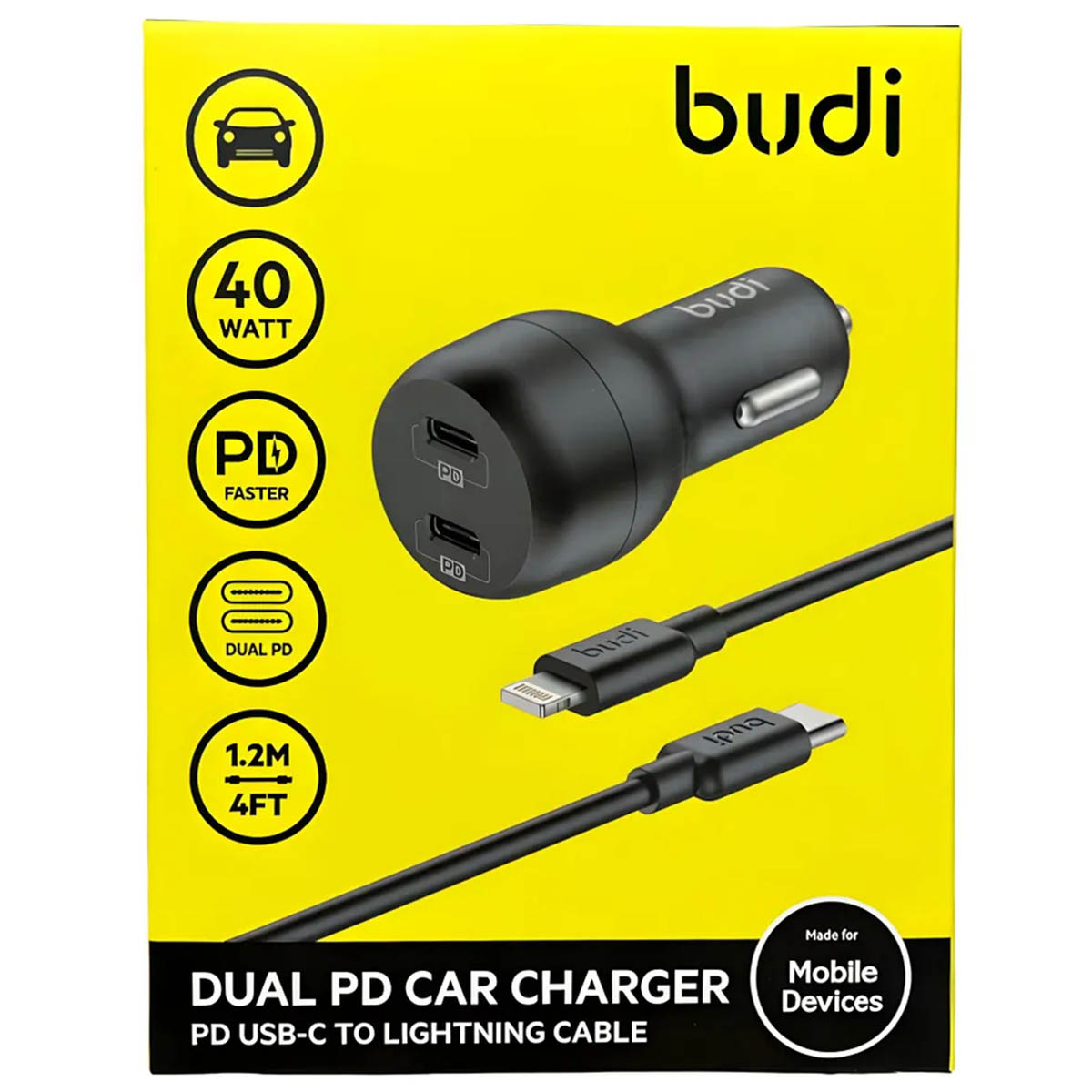 АЗУ (Автомобильное зарядное устройство) BUDI CC108RTTB с кабелем USB Type C на USB Type C, 40W, 2*USB Type C, цвет черный