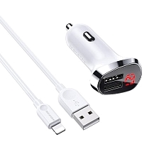 АЗУ (Автомобильное зарядное устройство) BOROFONE BZ15 Auspicious с кабелем APPLE Lightning 8 pin, 2.4А, 12W, 2xUSB, цвет белый