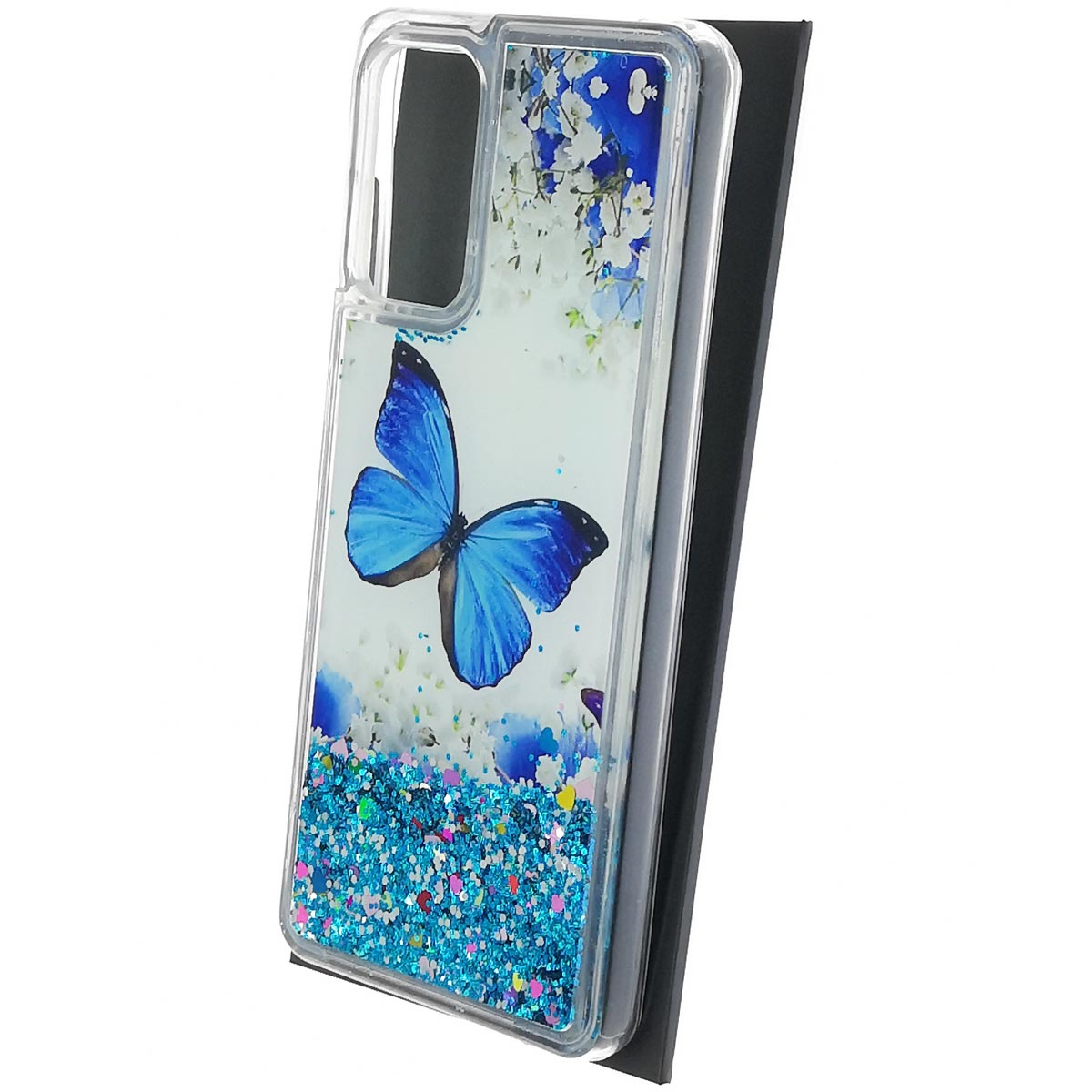 Чехол накладка для SAMSUNG Galaxy A72 (SM-A725F), силикон, переливашка, блестки, рисунок синяя бабочка и цветы