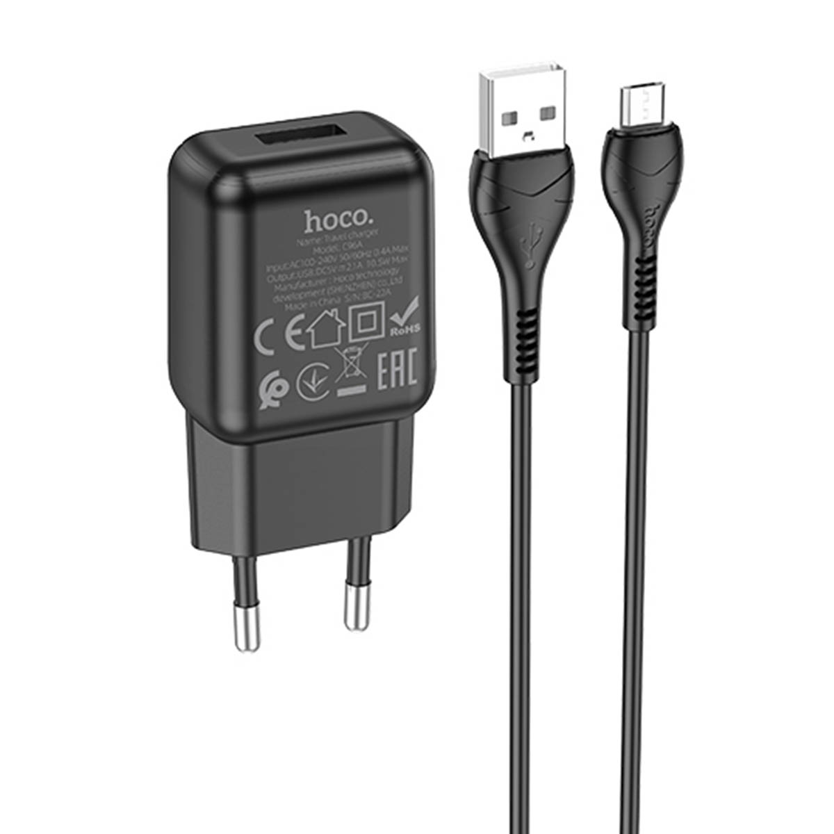 СЗУ (сетевое зарядное устройство) HOCO C96A, адаптер 1 USB 5V-2.1A, кабель micro USB, цвет черный