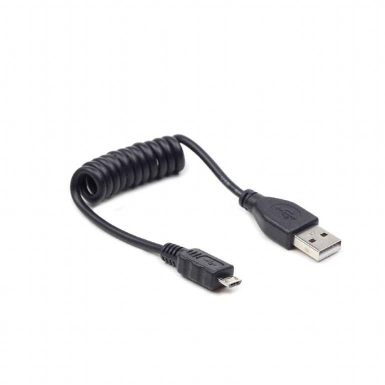 USB Дата-кабель витой (спиральный) USB 2.0 A-папа / Micro USB B-папа, 0.6 метра, цвет чёрный.
