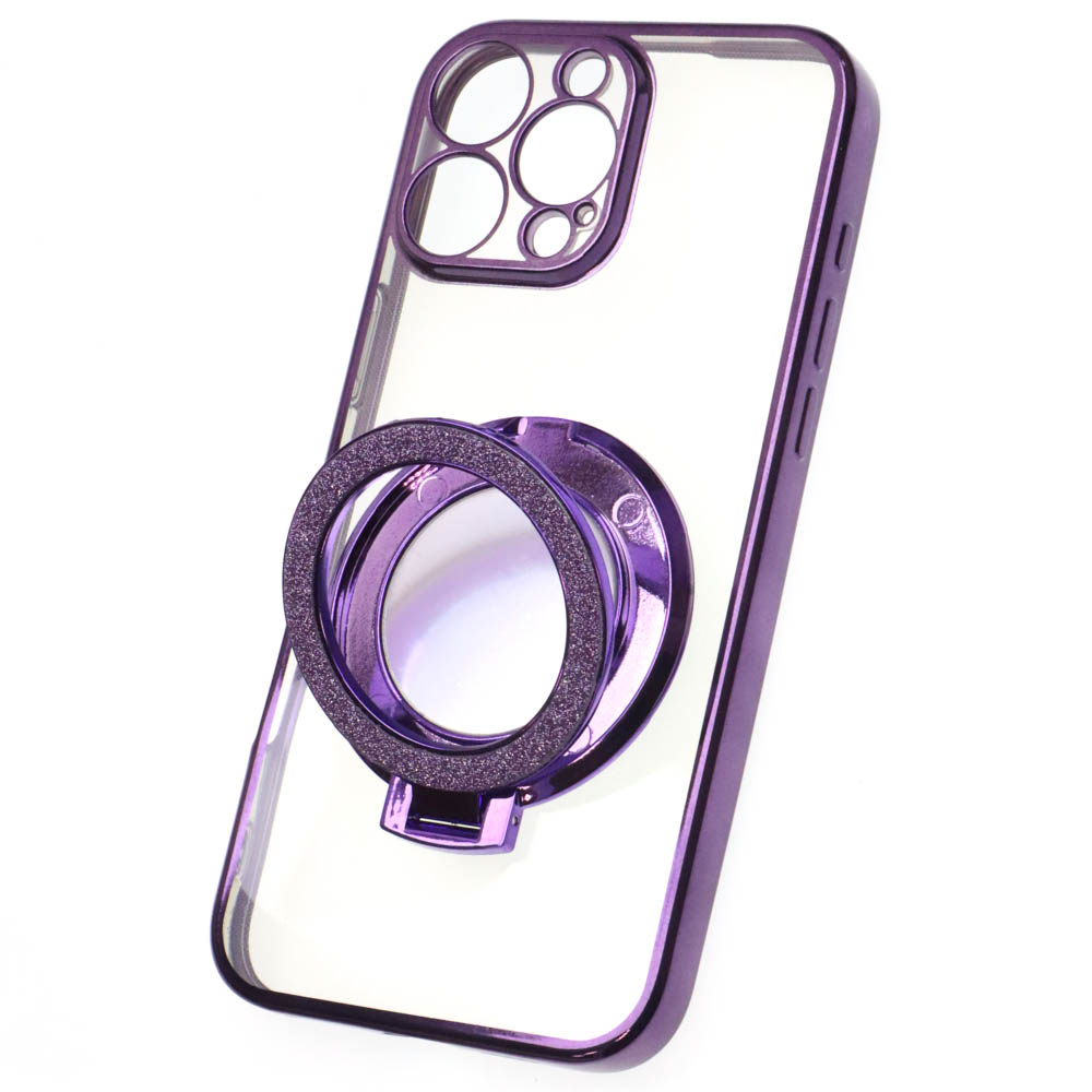 Чехол накладка для APPLE iPhone 16 Pro Max, силикон, защита камеры, кольцо держатель, прозрачный, цвет окантовки фиолетовый